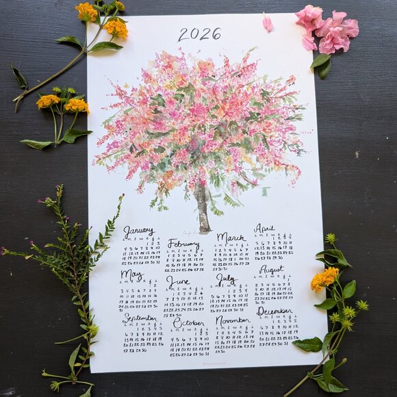 Watercolor Tree Calendar 2026: Rainbow Shower Art Print, Home Office Decor - Picture 1 of 7